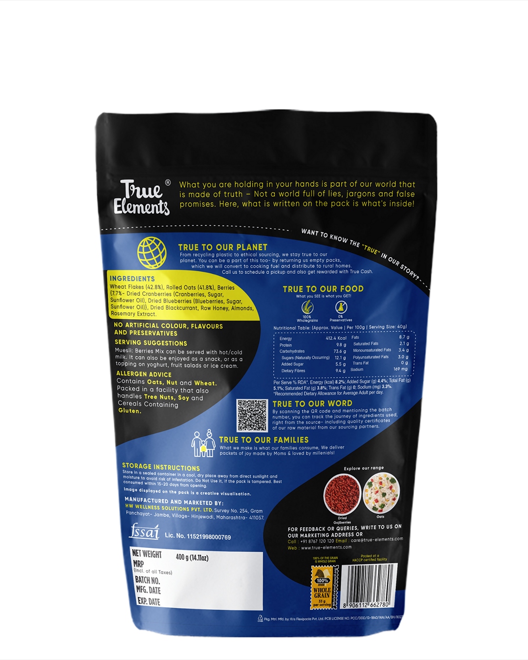 True Elements Cranberry And Blueberry Muesli - Fibre Rich