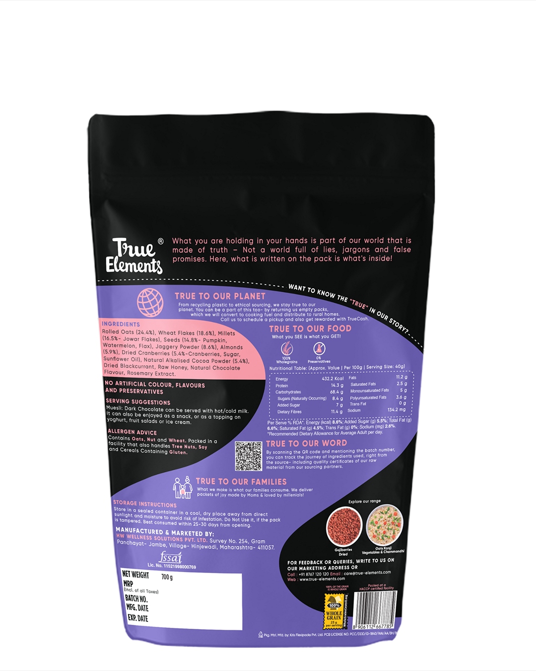 True Elements Dark Chocolate Muesli-Contains 14.3g Protein