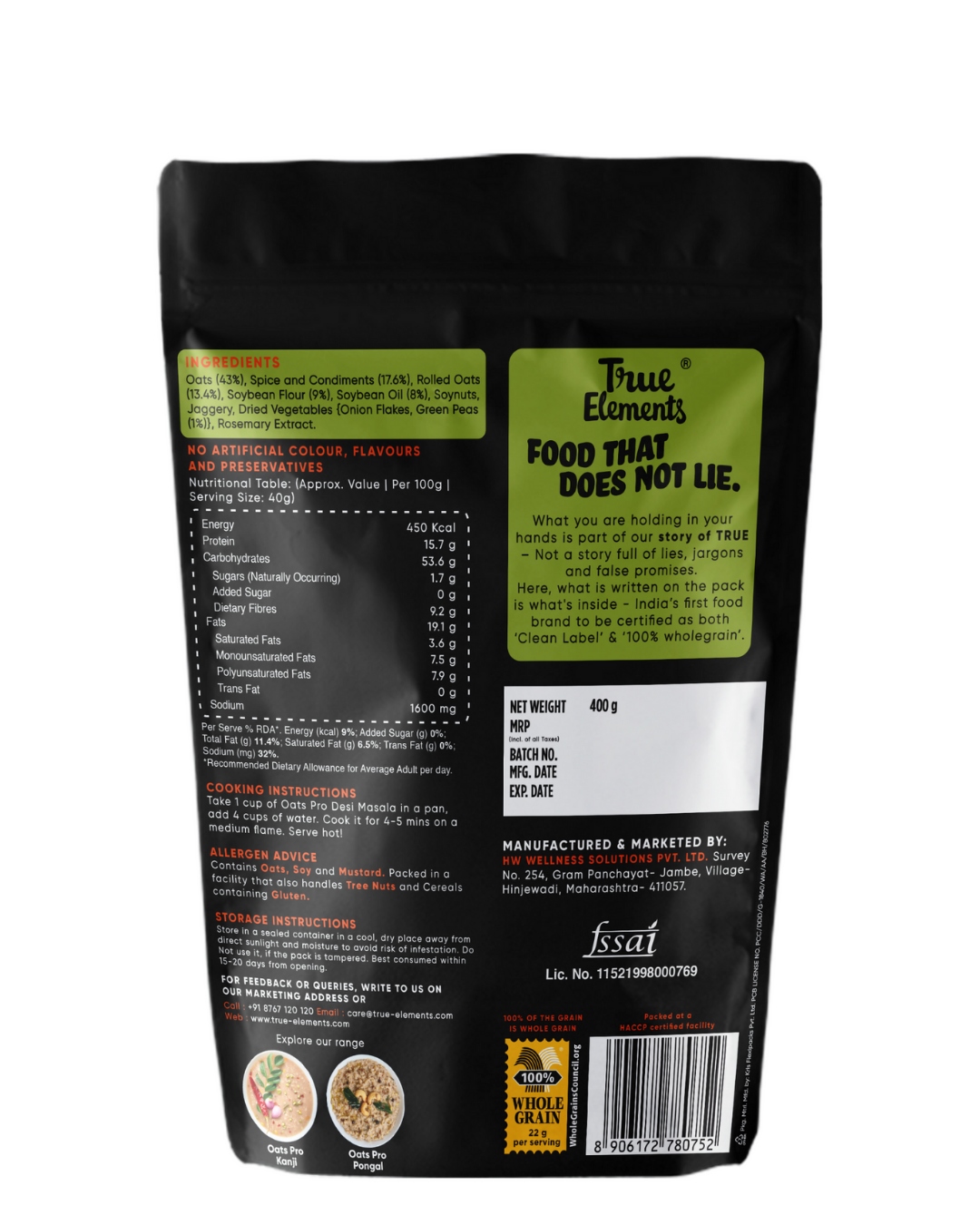 True Elements Oats Pro Desi Masala-Contains 15.7g Protein
