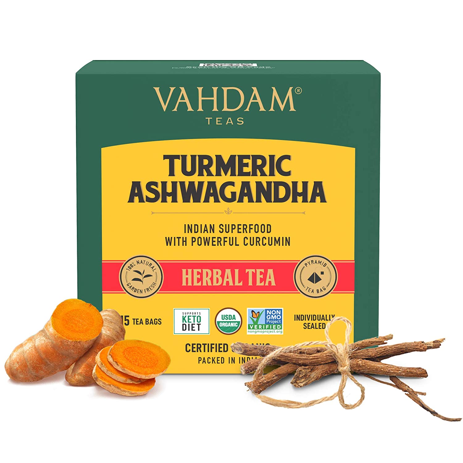 Vahdam Organic Turmeric + Aswagandha Herbal Tea Image