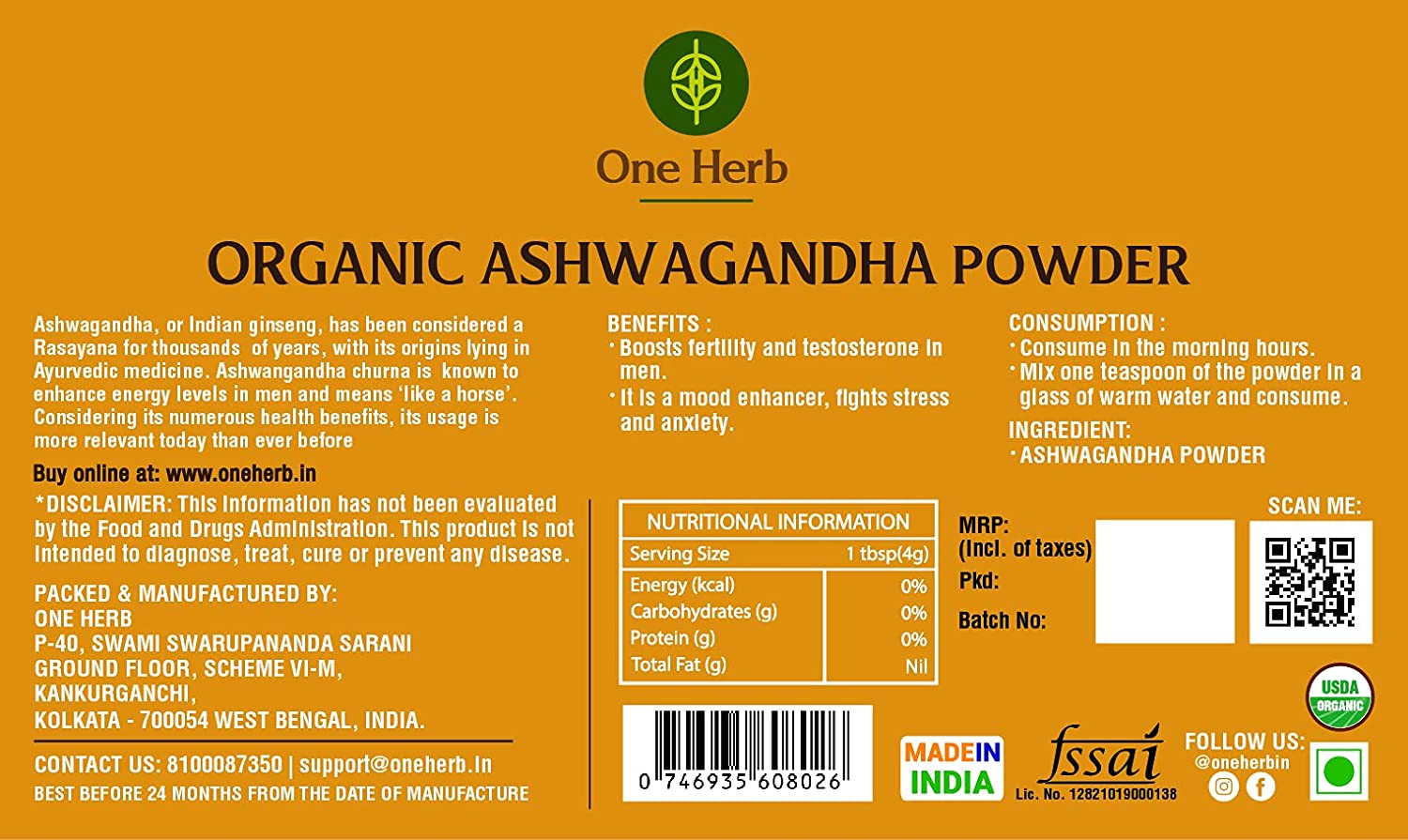 One Herb Organic Ashwagandha Powder Image