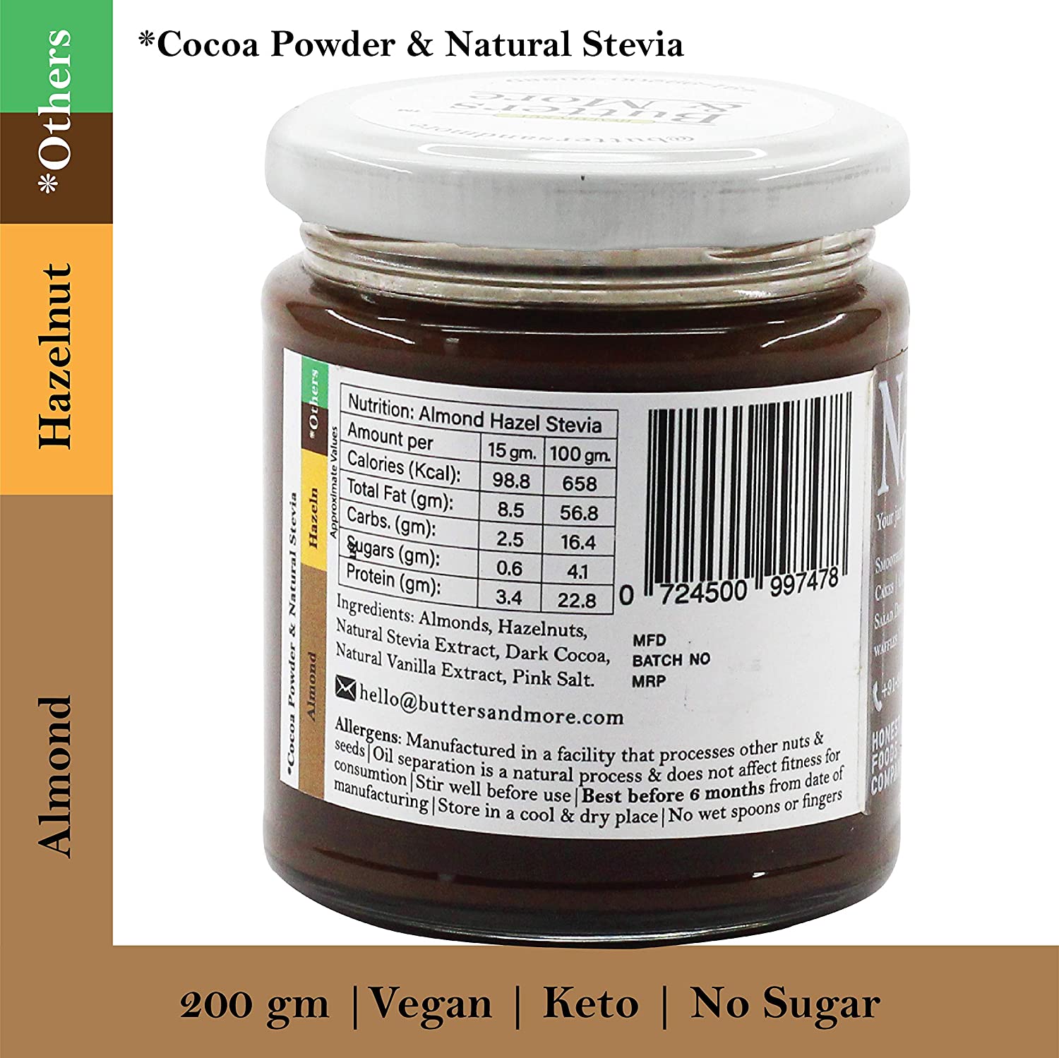 Butters & More Vegan Almond Butter With Hazelnuts, Dark Cocoa & Stevia  Image