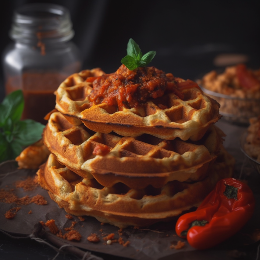 Sundried Tomato Pesto Waffles with Roasted Pepper Topping